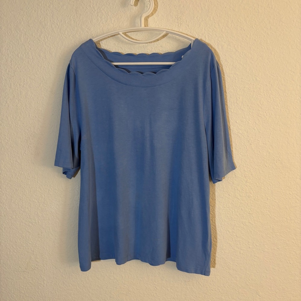 Talbots Scalloped Boat Neck Top Women XL Blue Short Sleeve Pima Cotton